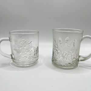 Vintage‎ KIG Indonesia Dogwood & Livia Pasari Frosted Rose Glass Mugs Set of 2